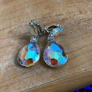 SILVER TONE RAINBOW CRYSTALIZED EARRINGS CLIP ONS. NEVER USED MINT CONDITION